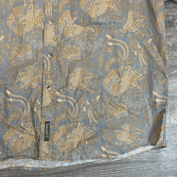 Timberland Weathergear Blue Tan Birds Filagree S/S Buttondown Casual Shirt Sz L - Picture 2 of 4